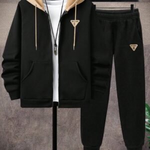 Manfinity Homme 2Pcs Men'S plus Size Letter Zip-Up Hoodie Sweatshirt and Sweatpants Casual Loose Fit Tracksuit Set