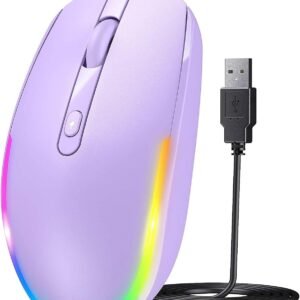 Wired Mouse - USB Computer Mouse with RGB Backlit Optical LED, Attached USB Cord for Laptops, Notebooks, Chromebook - Purple