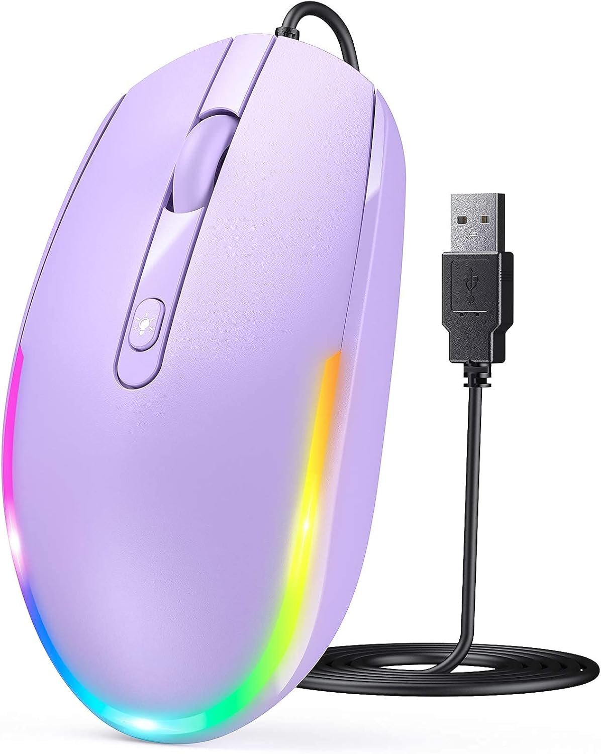 Wired Mouse - USB Computer Mouse with RGB Backlit Optical LED, Attached USB Cord for Laptops, Notebooks, Chromebook - Purple