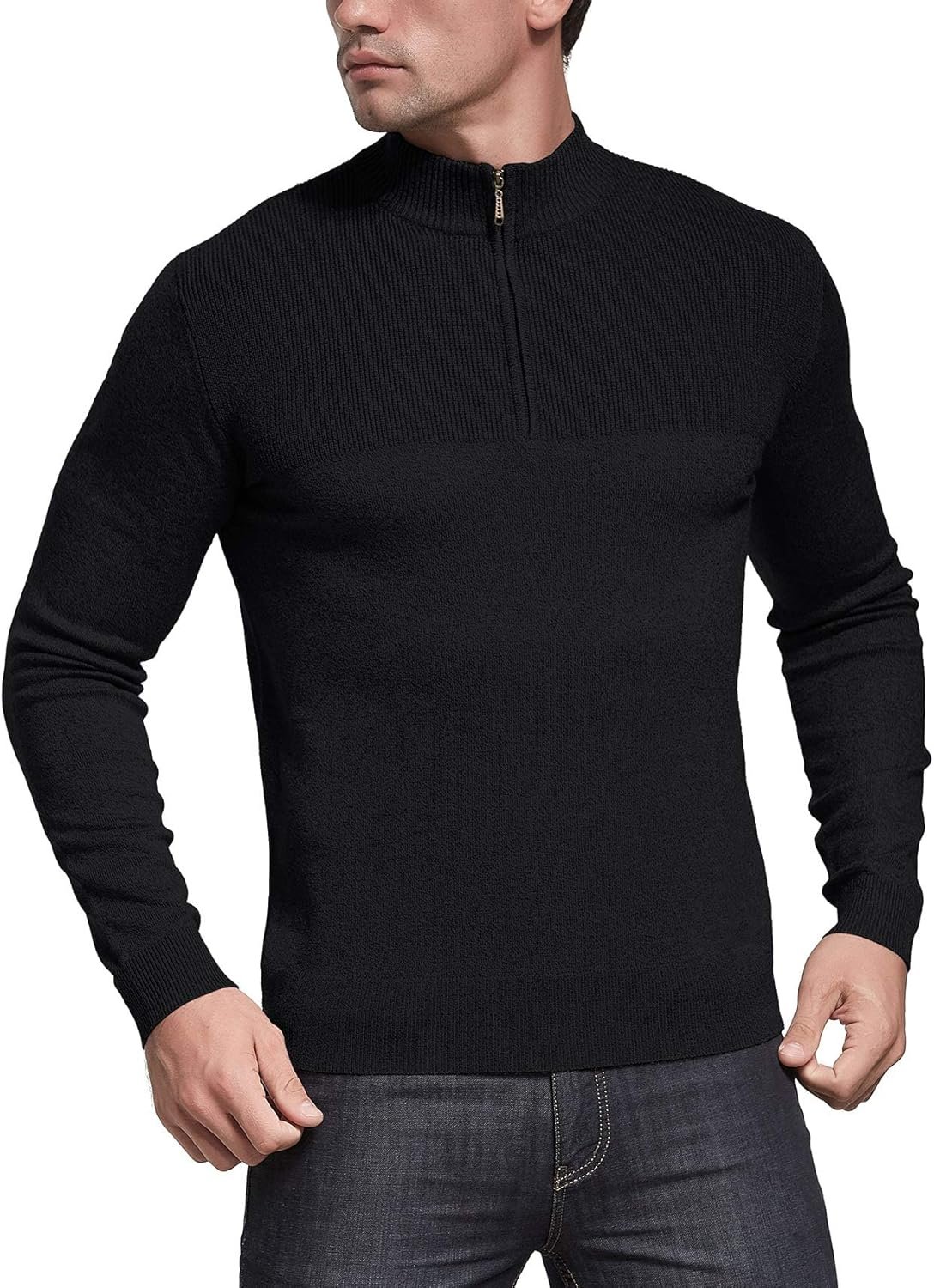 Mens Slim Fit Zip up Mock Neck Polo Sweater Casual Long Sleeve Sweater and Pullover Sweaters with Ribbing Edge - Imagen 4