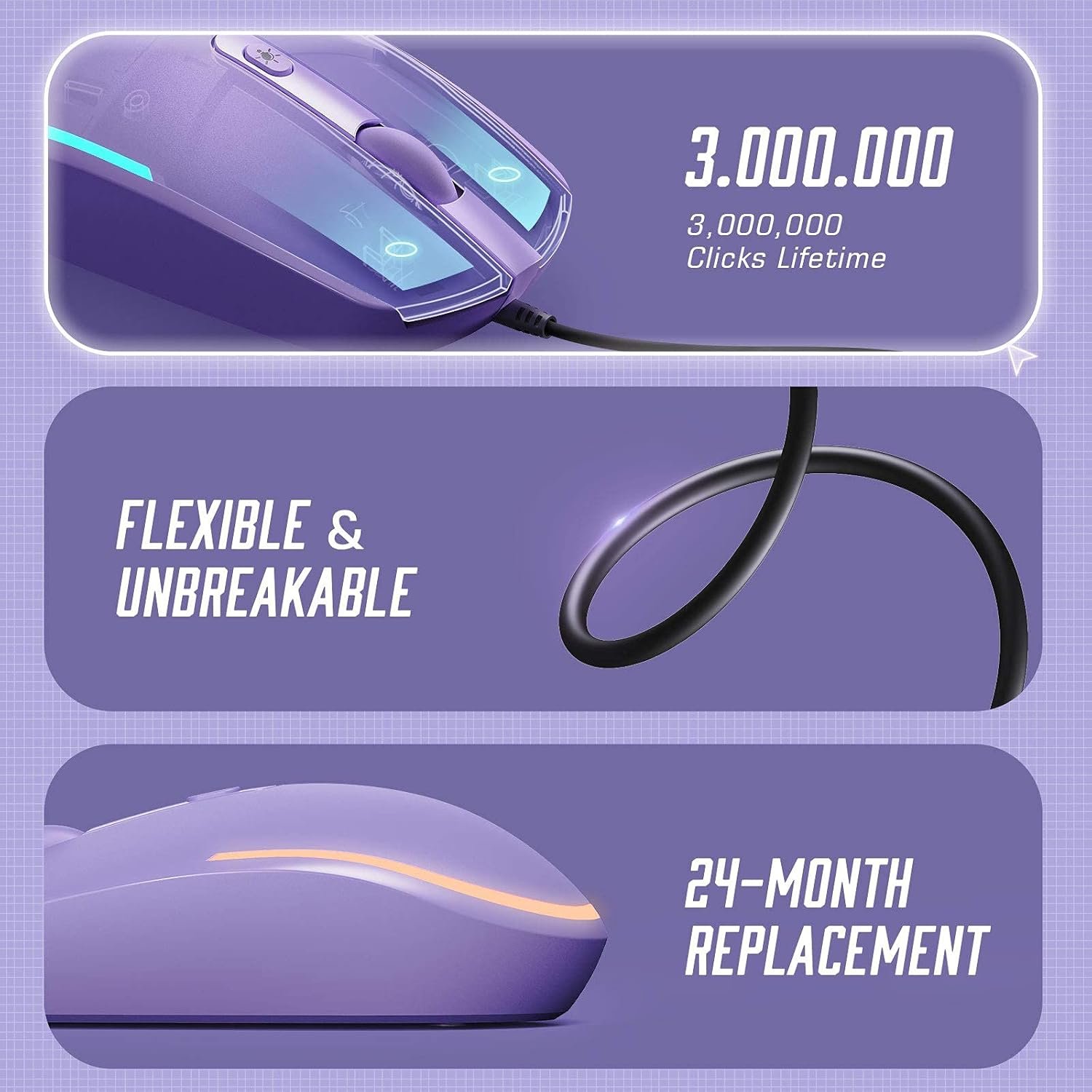 Wired Mouse - USB Computer Mouse with RGB Backlit Optical LED, Attached USB Cord for Laptops, Notebooks, Chromebook - Purple - Imagen 5