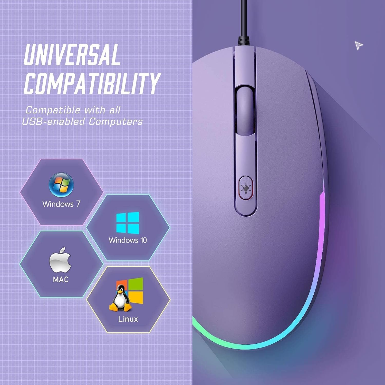 Wired Mouse - USB Computer Mouse with RGB Backlit Optical LED, Attached USB Cord for Laptops, Notebooks, Chromebook - Purple - Imagen 7
