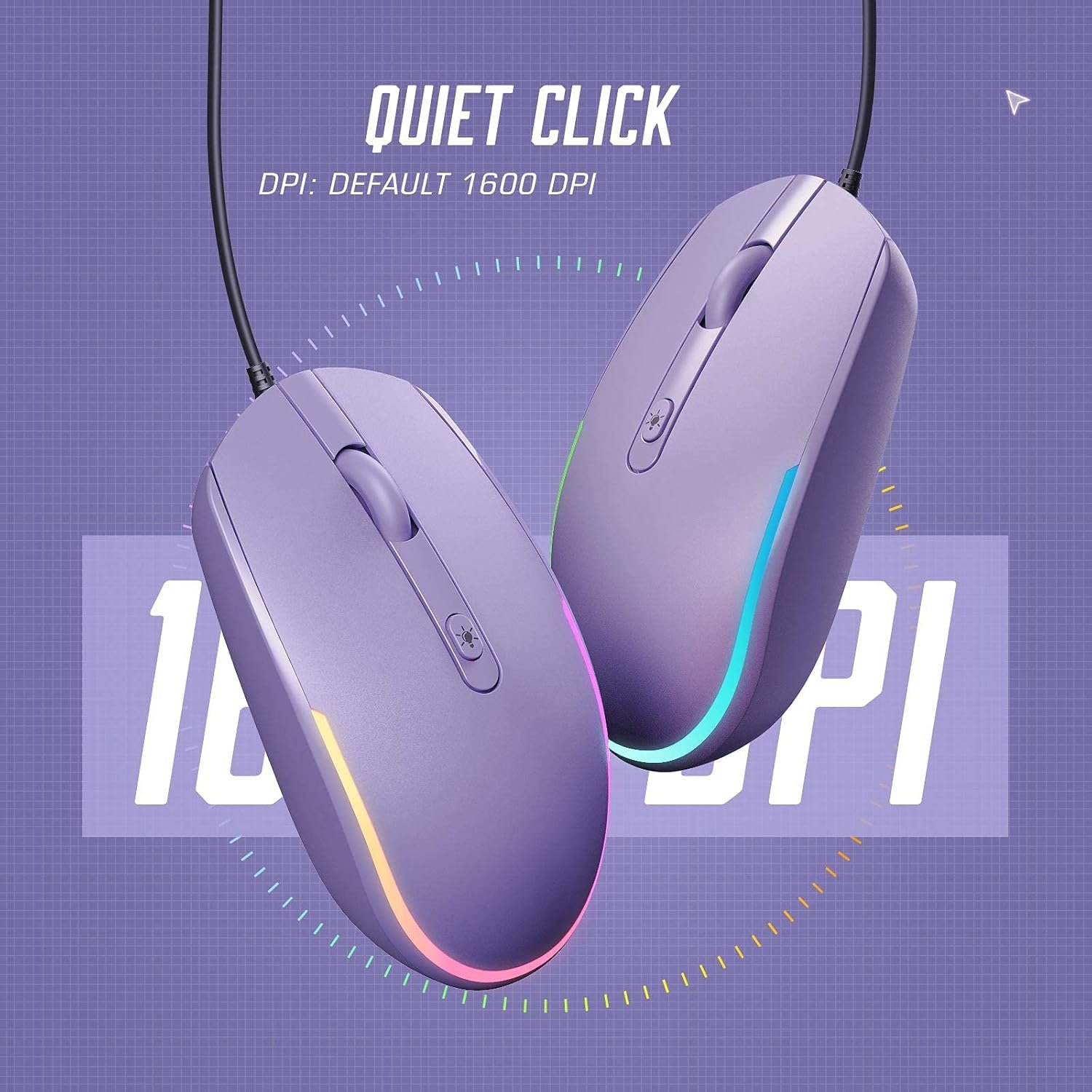 Wired Mouse - USB Computer Mouse with RGB Backlit Optical LED, Attached USB Cord for Laptops, Notebooks, Chromebook - Purple - Imagen 4