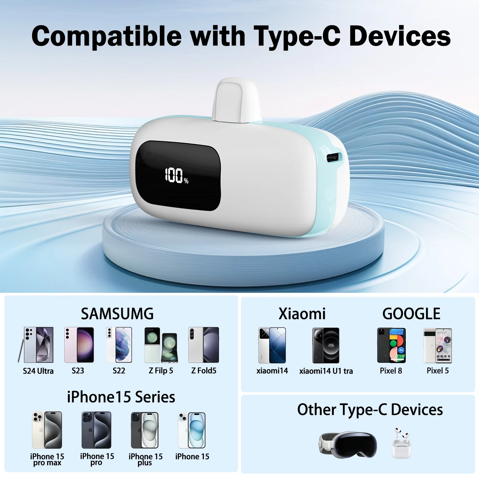 Portable Charger 5000Mah Power Bank with LCD Display, 20W Quick Charge USB-C Battery Pack Compatible with Iphone16/15 Series, Android, Samsung, Pixel, Blue - Imagen 4