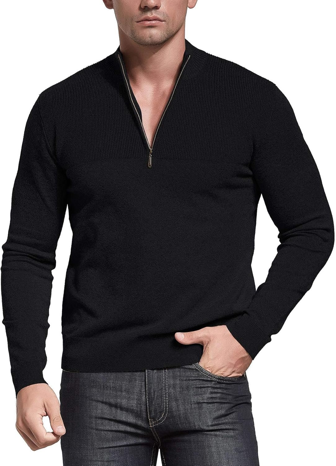 Mens Slim Fit Zip up Mock Neck Polo Sweater Casual Long Sleeve Sweater and Pullover Sweaters with Ribbing Edge - Imagen 5