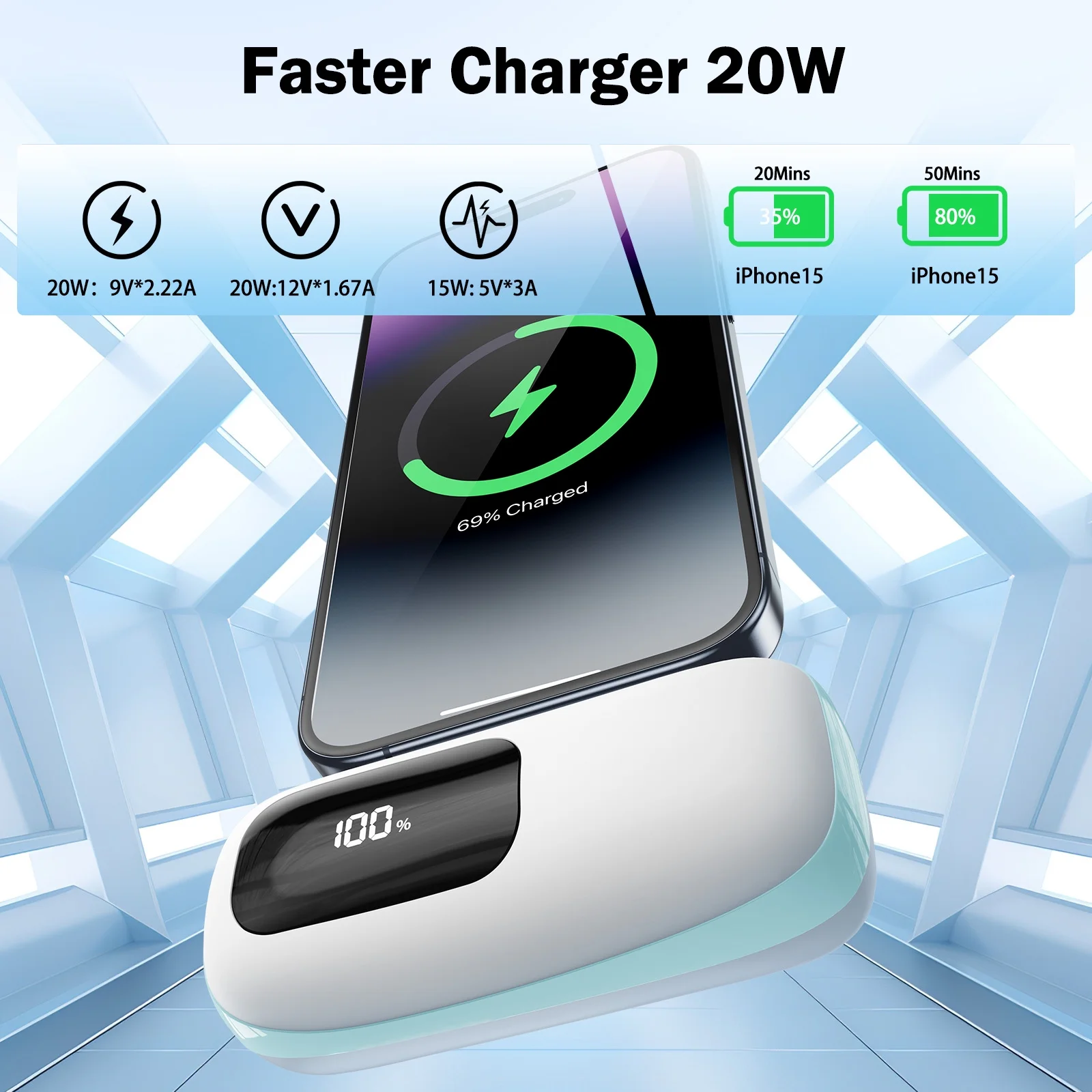 Portable Charger 5000Mah Power Bank with LCD Display, 20W Quick Charge USB-C Battery Pack Compatible with Iphone16/15 Series, Android, Samsung, Pixel, Blue - Imagen 6